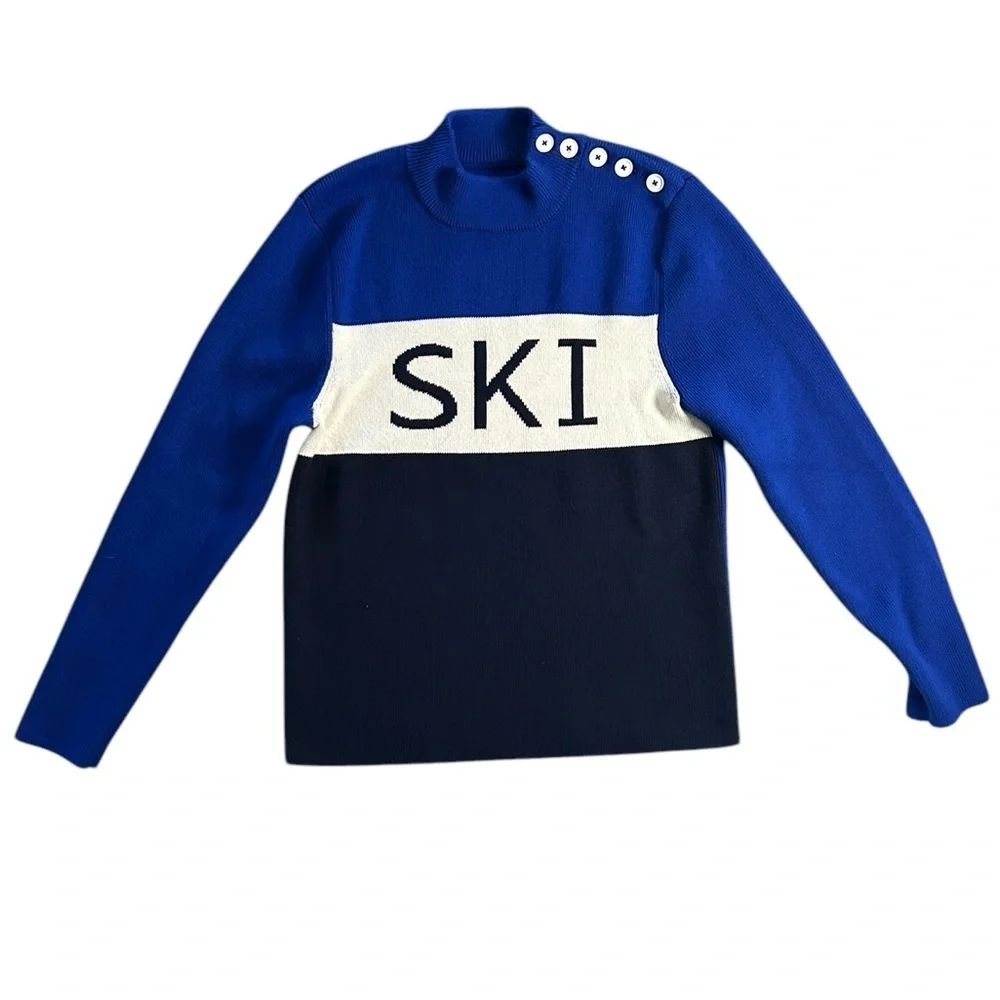 Tory Burch Sport Merino Wool Blue Colorblock Ski Sweater Women’s Size XL Outdoor - Picture 2 of 8